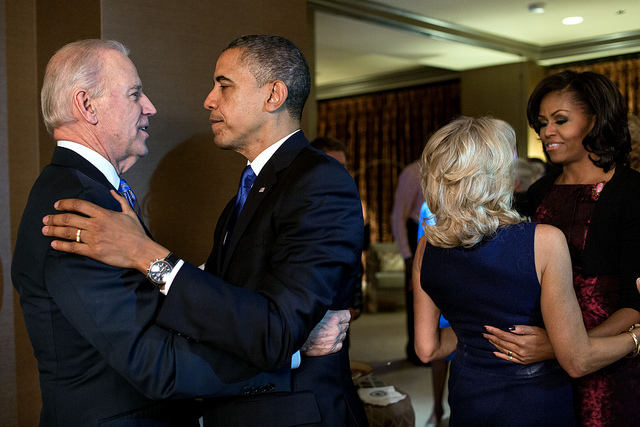 President Barack Obama and First Lady Michelle Obama embrace Vice President Joe Biden and Dr. Jill Biden moments after the television networks called the election in their favor, while watching election returns at the Fairmont Chicago Millennium Park in Chicago, Ill., Nov. 6, 2012. (Official White House Photo by Pete Souza)